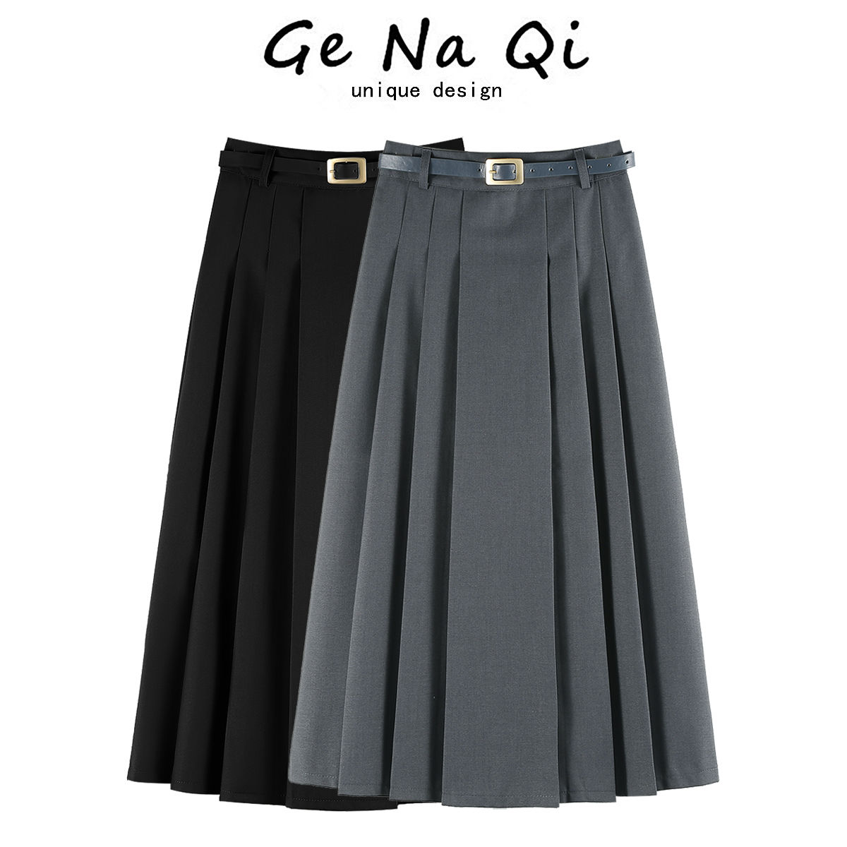 Plus size fat mm gray suit mid-length skirt women's spring and autumn high waist slim temperament casual pleated skirt