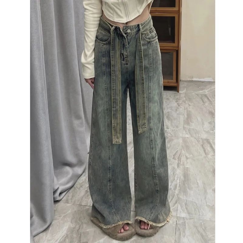 美式復古做舊毛邊直筒牛仔褲女秋季高腰寬鬆顯瘦垂感闊腿加長褲子