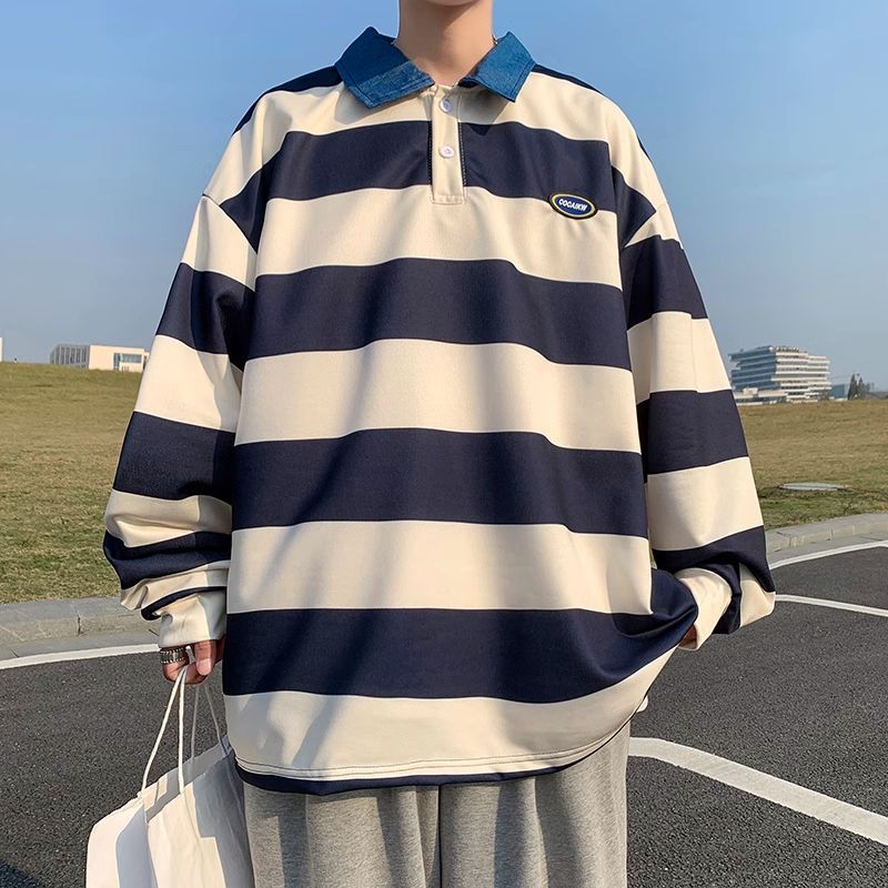 美式條紋翻領衛衣男秋季重磅寬鬆長袖polo衫上衣日系潮流休閒外套