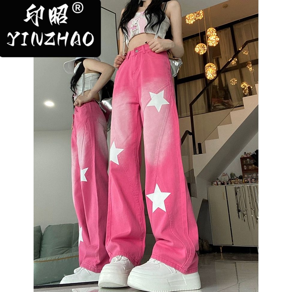 【印昭YINZHAO】美式粉色星星牛仔褲女復古寬鬆高腰直筒闊腿褲子