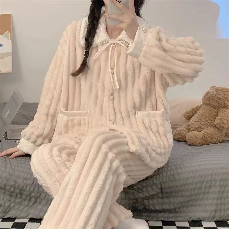 珊瑚絨睡衣女春秋冬季加絨加厚保暖甜美可愛法蘭絨家居服兩件套裝