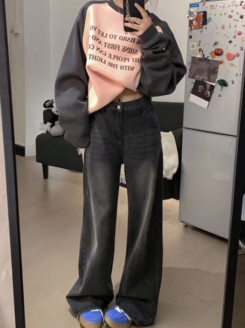 秋季新款高街復古水洗黑色直筒牛仔褲女高腰寬鬆顯瘦垂感闊腿長褲