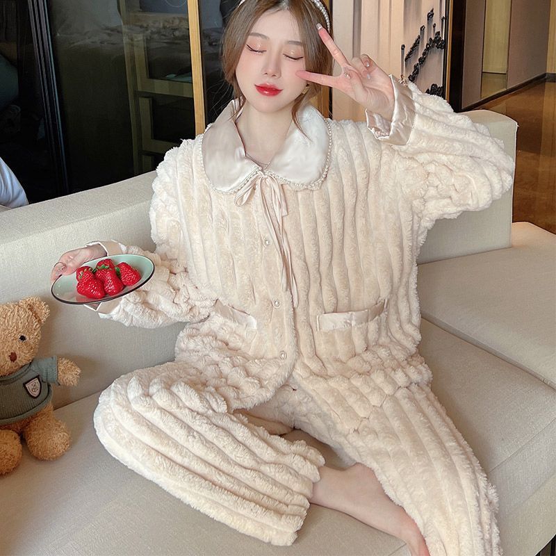 珊瑚絨睡衣女秋冬季加厚保暖學生可愛大碼寬鬆長袖休閒家居服套裝