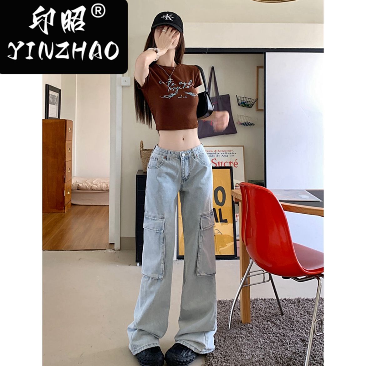 【印昭YINZHAO】淺色做舊工裝褲美式高街復古直筒寬鬆闊腿牛仔褲