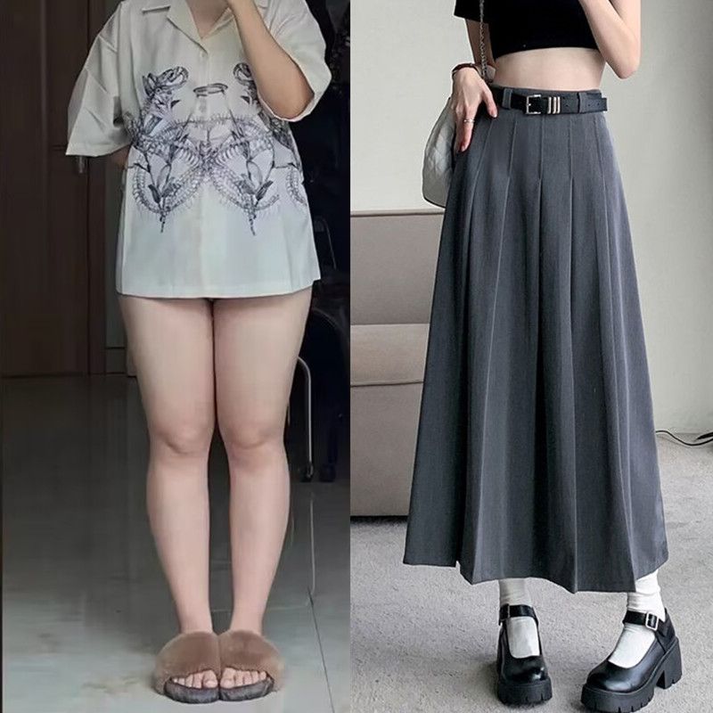 Plus size fat mm gray suit skirt for women spring and autumn mid-length pleated skirt high waist slim drape A-line skirt