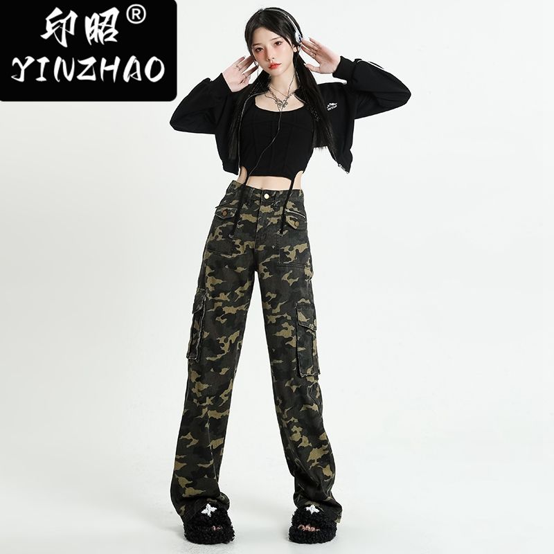 【印昭YINZHAO】高腰高街闊腿寬鬆顯瘦拖地褲迷彩工裝牛仔褲子女