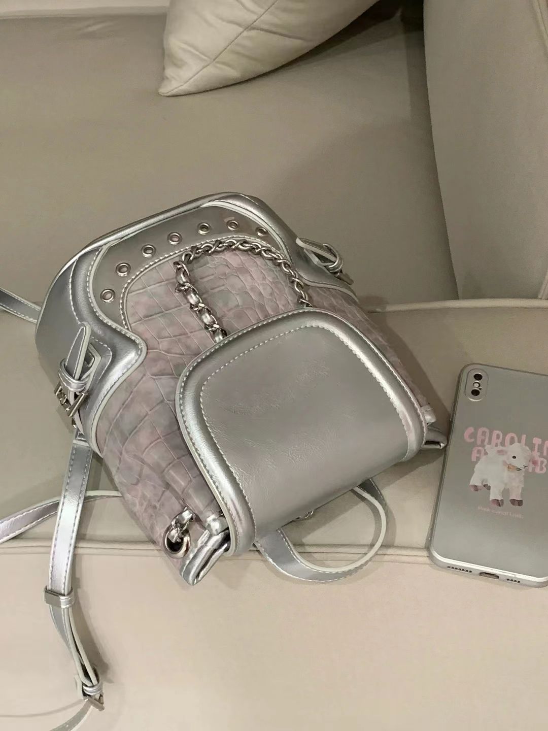 Casual and versatile outing bag niche European and American Millennial Hot Girl fog pink crocodile pattern mini backpack new style
