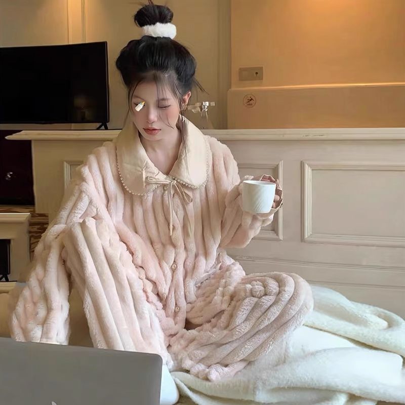 睡衣女冬季加絨加厚珊瑚絨2023新款春秋法蘭絨氣質保暖套裝家居服