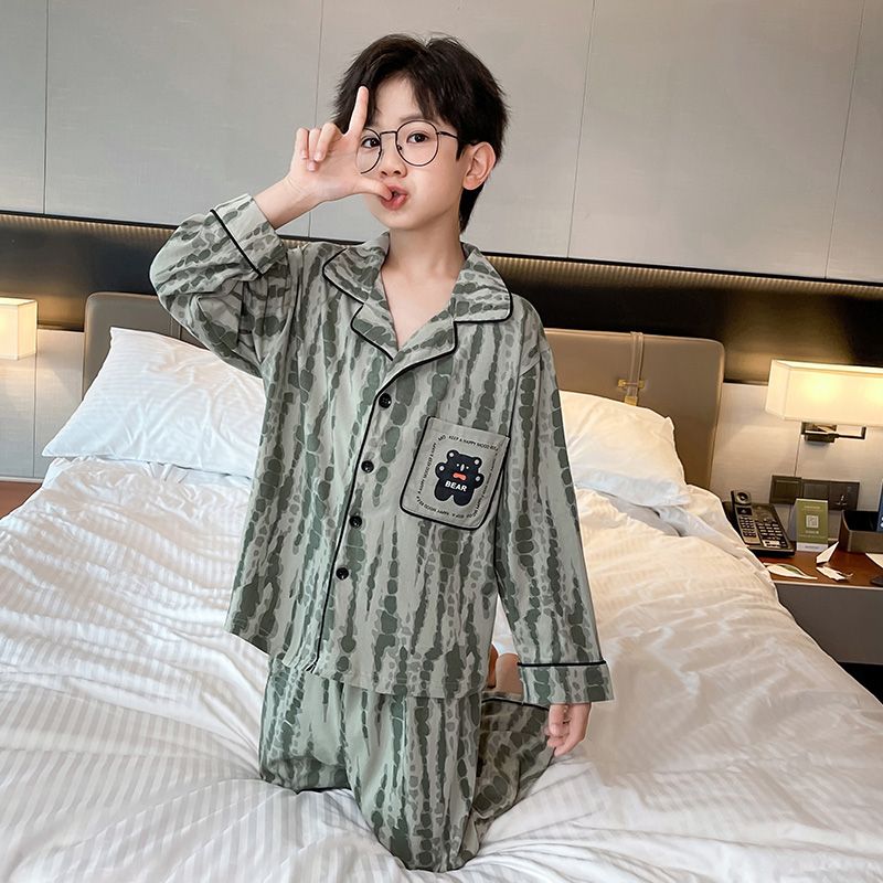 Children's pajamas for boys spring and autumn thin pure cotton long-sleeved suit 12-year-old middle-aged and older boys home clothes 2023 new style