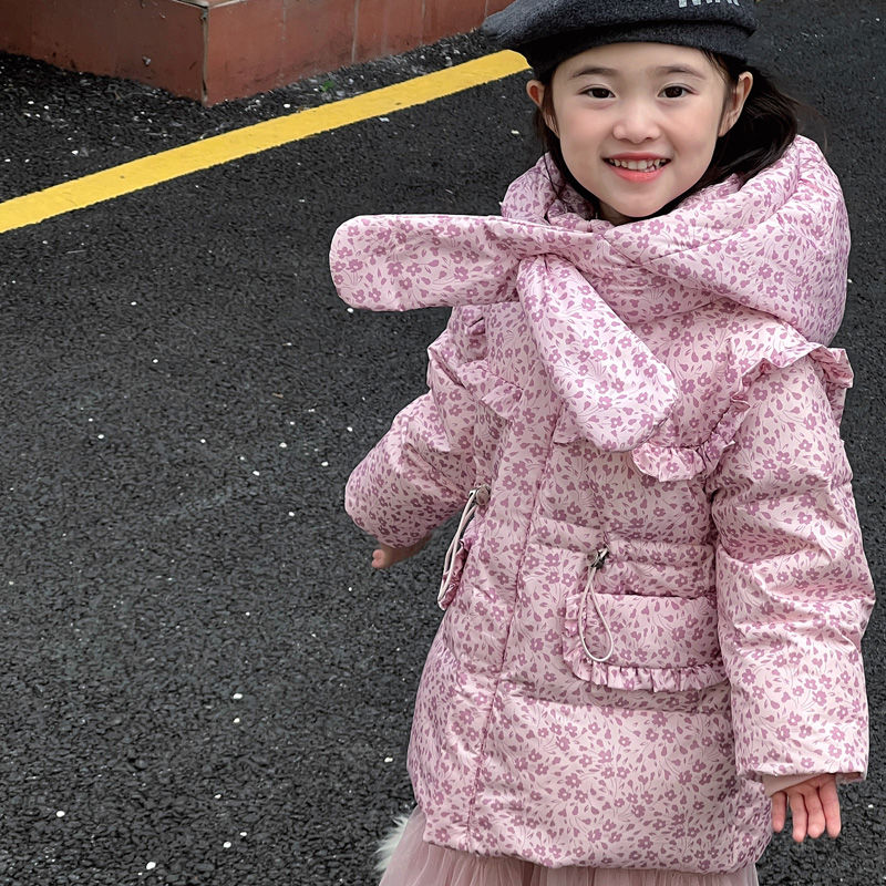 2023新款女童潮流羽絨服韓版中長款洋氣兒童時髦保暖碎花可愛外套