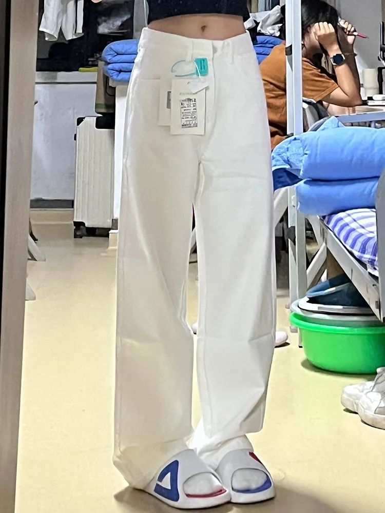 白色闊腿牛仔褲女秋季新款高腰寬鬆遮肉顯瘦顯高百搭直筒拖地褲子