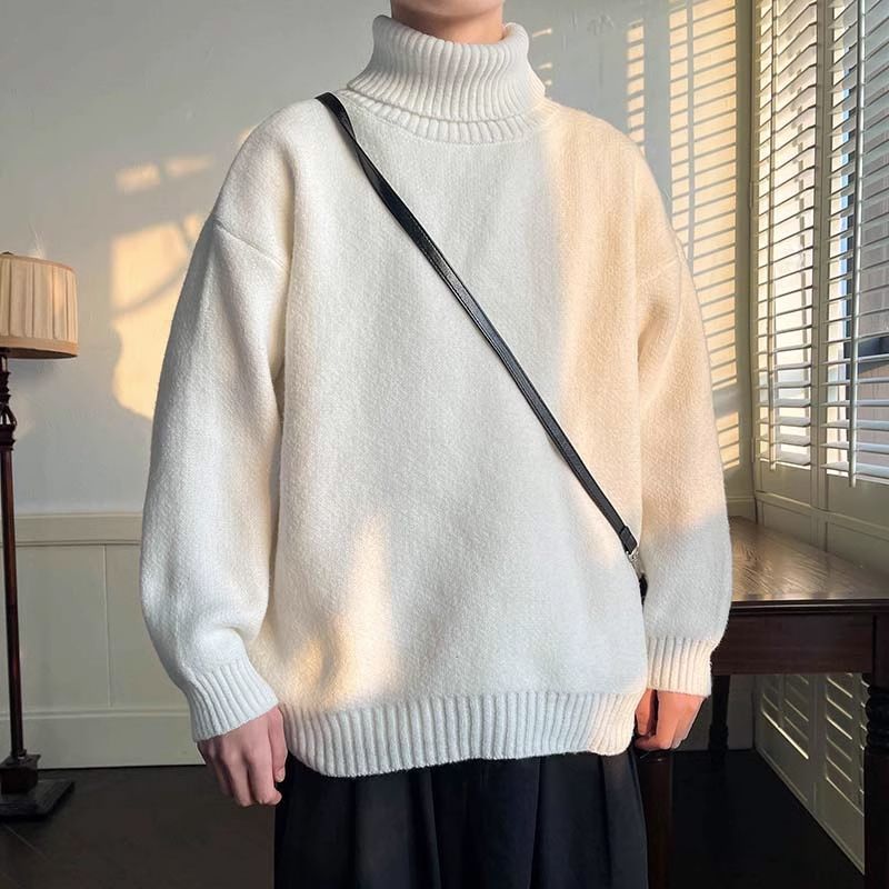 慵懶風高領毛衣男士日系秋季內搭純色針織衫潮流寬鬆情侶打底線衣