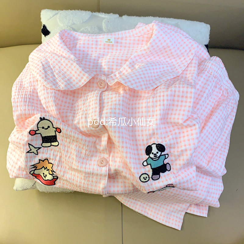 卡通粉色格子睡衣女春秋季新款娃娃領長袖長褲學生可愛家居服套裝