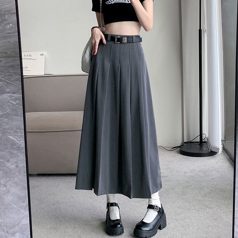 Plus size fat mm gray suit skirt for women spring and autumn mid-length pleated skirt high waist slim drape A-line skirt