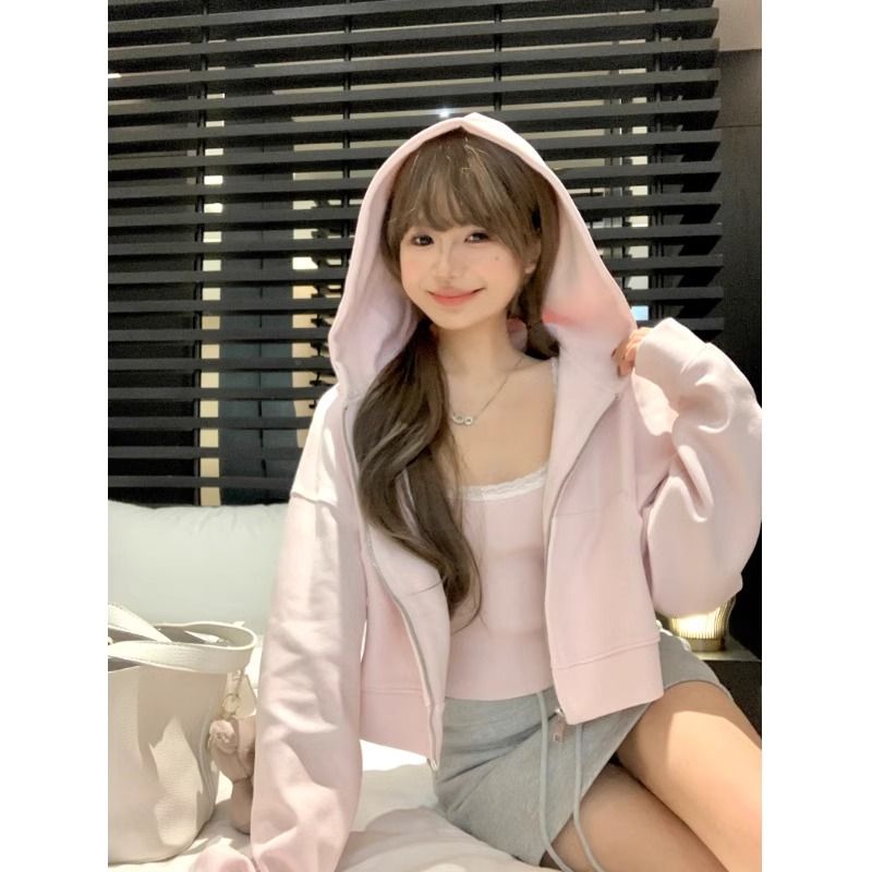甜辣風少女粉色短款設計感連帽衛衣開衫女秋新款休閒百搭拉鏈上衣