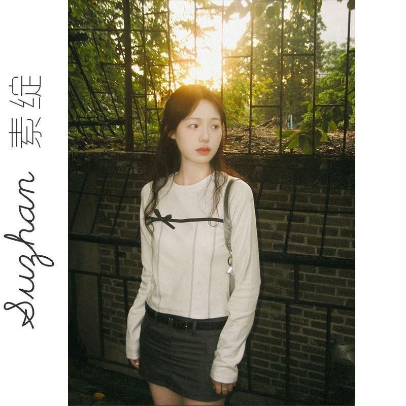 小眾新款蝴蝶結簡約氣質修身明線裝飾長袖t恤女秋季圓領白色上衣