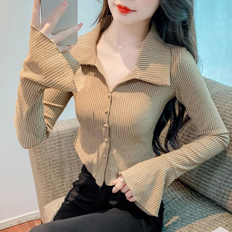 喇叭袖條紋長袖襯衫女春秋韓系chic別致獨特設計感小眾短款小上衣