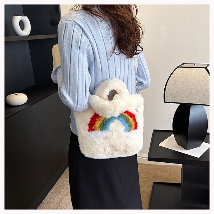 UR Winter Neue Nette Regenbogen Damen Mode Tragbare Plüsch Große Kapazität Kette Eine Schulter Umhängetasche_voghion.com