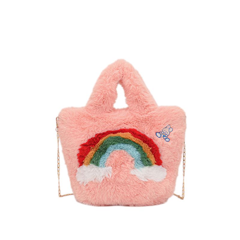 UR Winter New Cute Rainbow Women's Fashion Portable Plush Large Capacity Chain One Shoulder Crossbody Bag_voghion.com