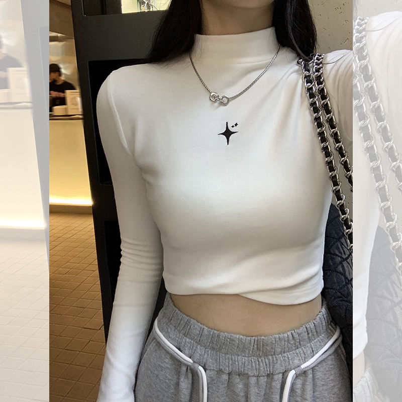 德絨洋氣半高領秋冬季內搭打底衫女緊身內搭保暖長袖T恤短款上衣