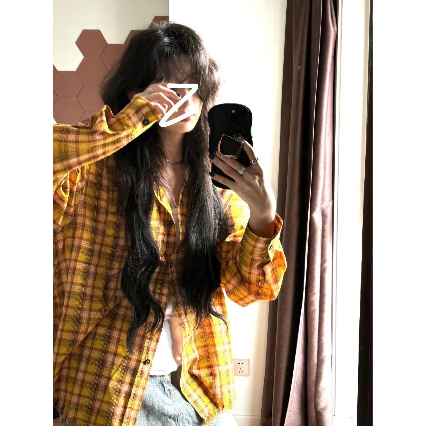 美式hiphop黃色格子襯衫外套女設計感毛邊秋季百搭情侶休閒襯衣潮