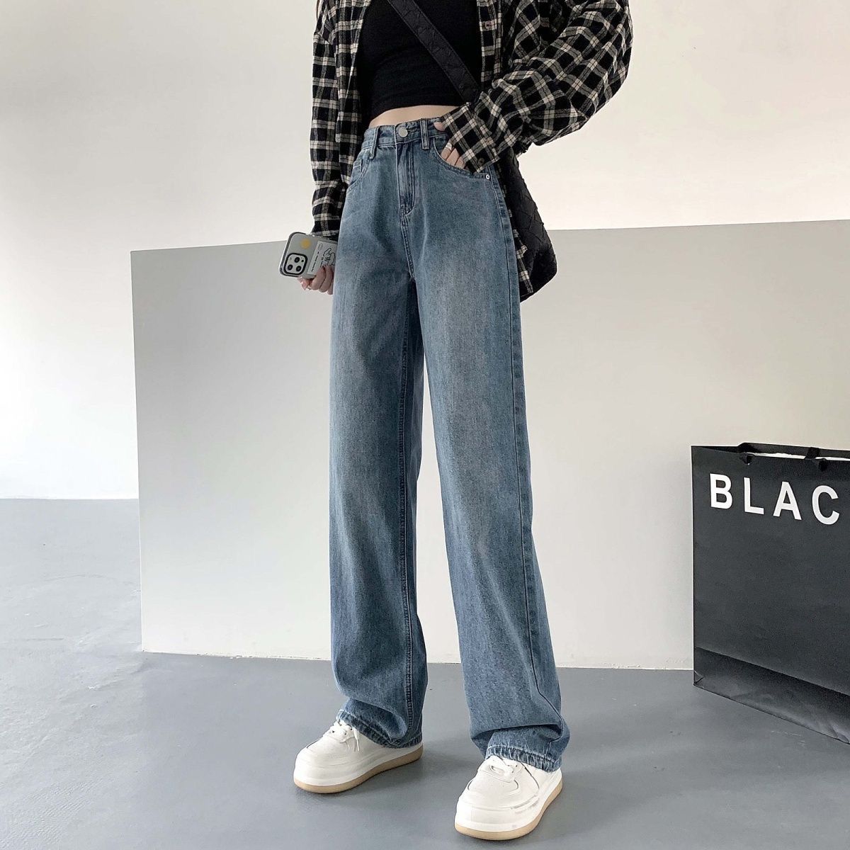 復古闊腿牛仔褲女2023新款春秋冬高腰大碼寬鬆直筒垂感窄版拖地褲