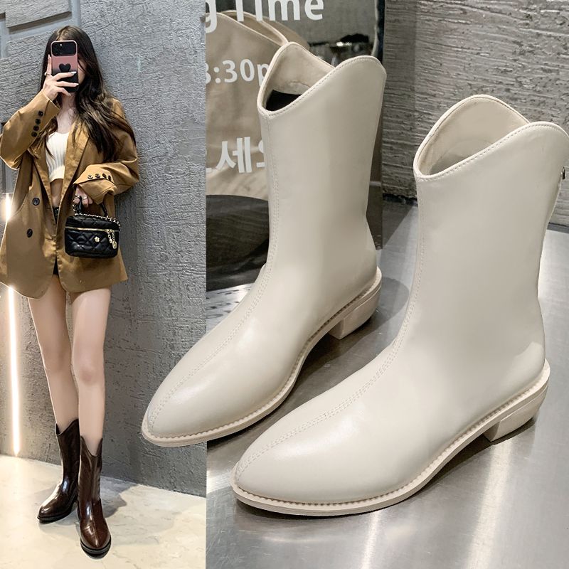 真皮馬丁靴女2023新款尖頭v口西部牛仔靴白色短靴春秋瘦瘦單靴子