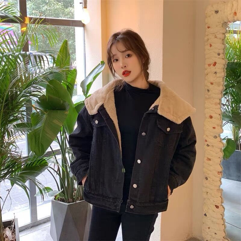 外套女短款加絨加厚秋冬新款2023韓版款寬鬆百搭牛仔加絨上衣棉服