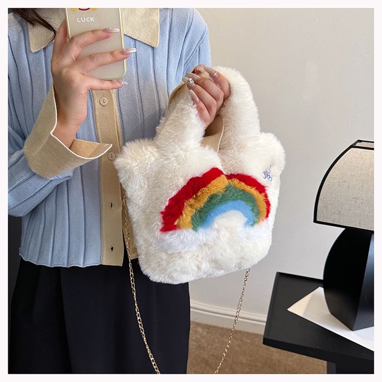 UR Winter Neue Nette Regenbogen Damen Mode Tragbare Plüsch Große Kapazität Kette Eine Schulter Umhängetasche_voghion.com