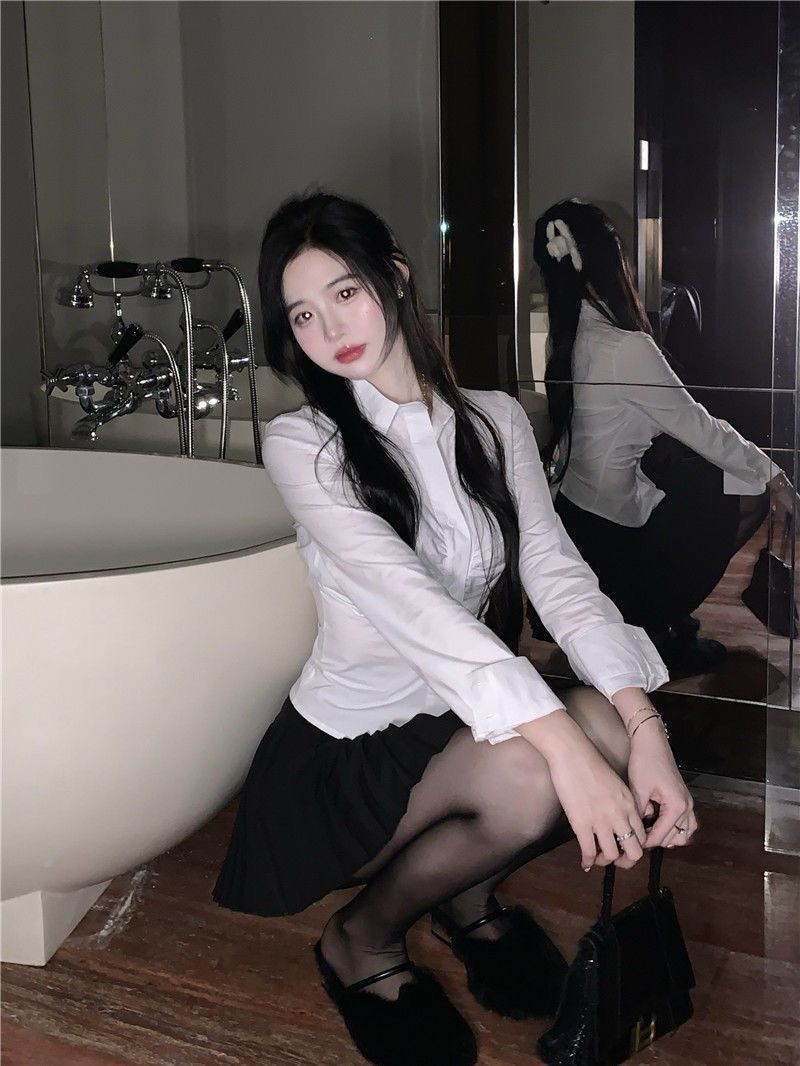 秋冬新款褶皺襯衫辣妹長袖緊身性感純欲白色襯衣女學院風春季上衣