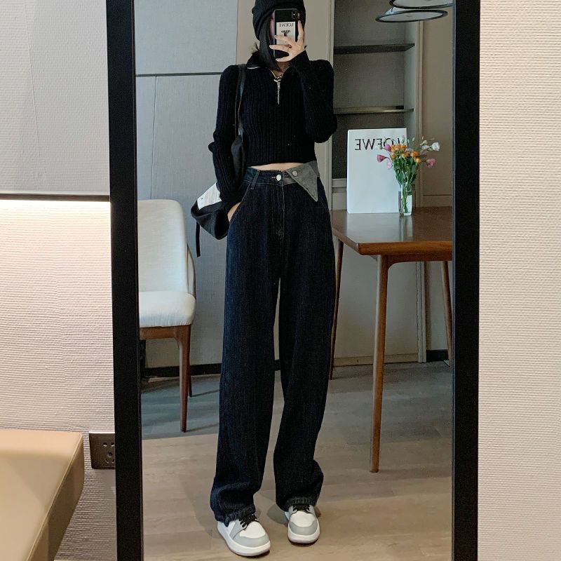 高腰牛仔褲女春秋冬直筒寬鬆2023年新款闊腿拖地設計感不規則褲子