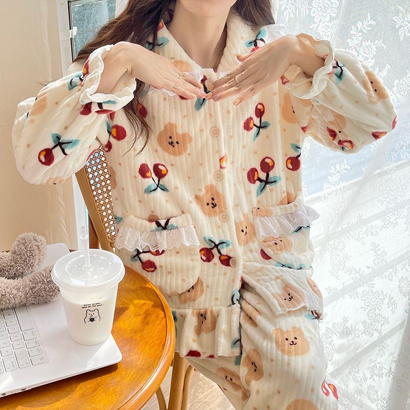珊瑚絨睡衣女秋冬季2023年新款加厚加絨法蘭絨甜美可愛家居服套裝