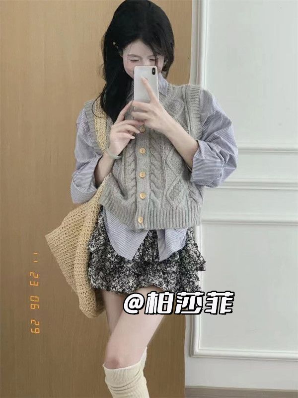 韓系溫柔甜美風早秋套裝麻花針織背心馬甲條紋襯衫碎花短裙三件套