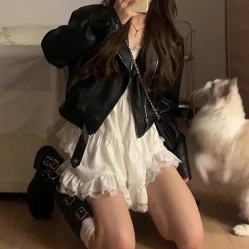 小個子皮衣夾克機車外套女不規則蕾絲拼接吊帶白色連衣裙辣妹套裝
