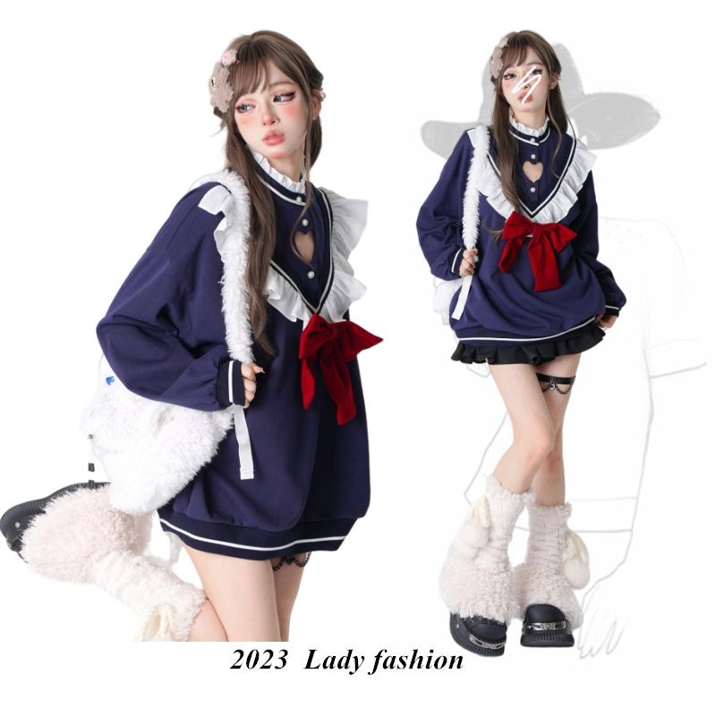 少也眼少女愛麗絲 紺色秋冬日系長袖上衣立領學院風可愛寬鬆衛衣