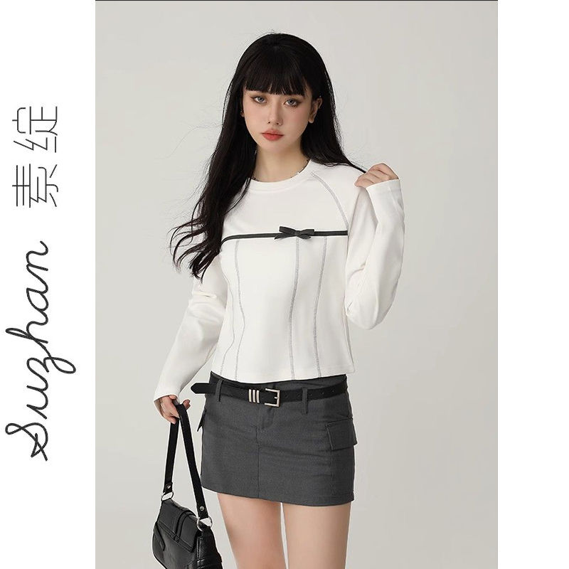 韓系小個子蝴蝶結長袖t恤女秋季修身顯瘦簡約設計感明線裝飾上衣