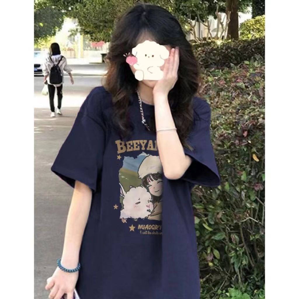 100%純棉t恤女潮夏季短袖寬鬆chic港味oversize慵懶風寬鬆上衣服