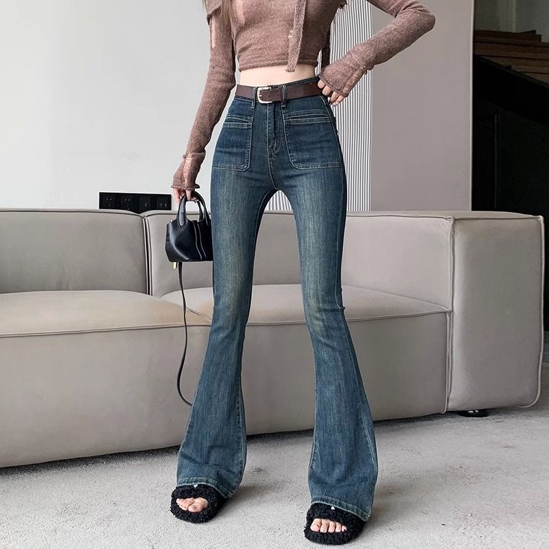 復古口袋微喇牛仔褲女2023年秋季新款設計感高腰顯瘦彈力喇叭長褲