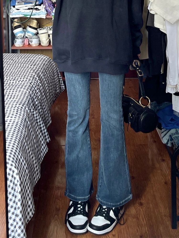 美式復古微喇牛仔褲女秋季新款高腰緊身彈力顯瘦百搭直筒喇叭褲子