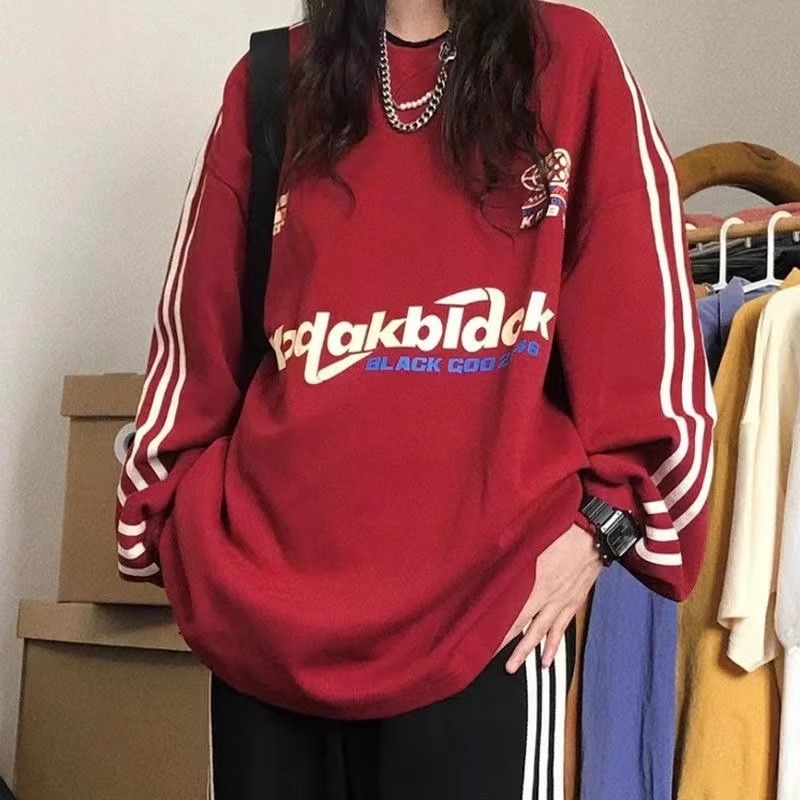 美式街頭字母印花圓領衛衣女加絨秋冬新款oversize寬鬆休閒套頭衫