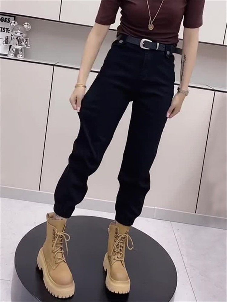 大碼女裝2023秋季高腰黑色彈力老爹牛仔褲胖mm顯瘦哈倫束腳工裝褲