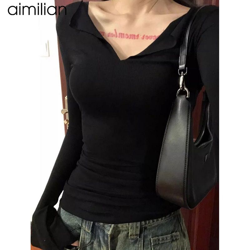 aimilian純欲辣妹黑色V領長袖t恤女春秋修身內搭打底衫短款上衣