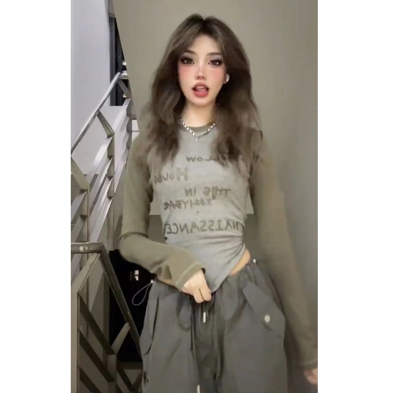 辣妹純棉塗鴉撞色插肩長袖t恤女早秋修身顯瘦設計感小眾短款上衣