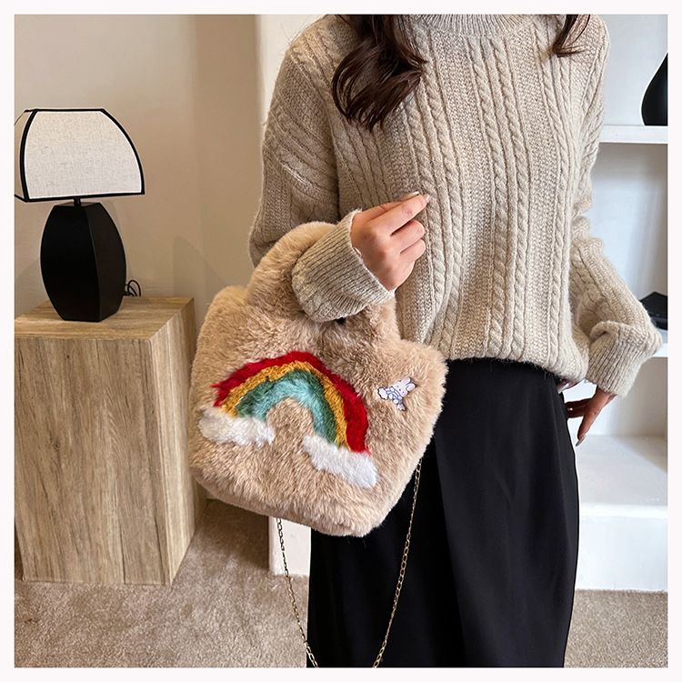 UR Winter Neue Nette Regenbogen Damen Mode Tragbare Plüsch Große Kapazität Kette Eine Schulter Umhängetasche_voghion.com