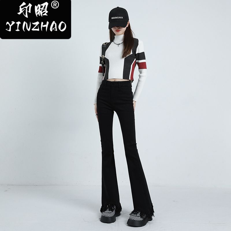 【印昭YINZHAO】復古馬蹄褲彈力顯瘦毛邊喇叭褲微喇高腰牛仔褲女