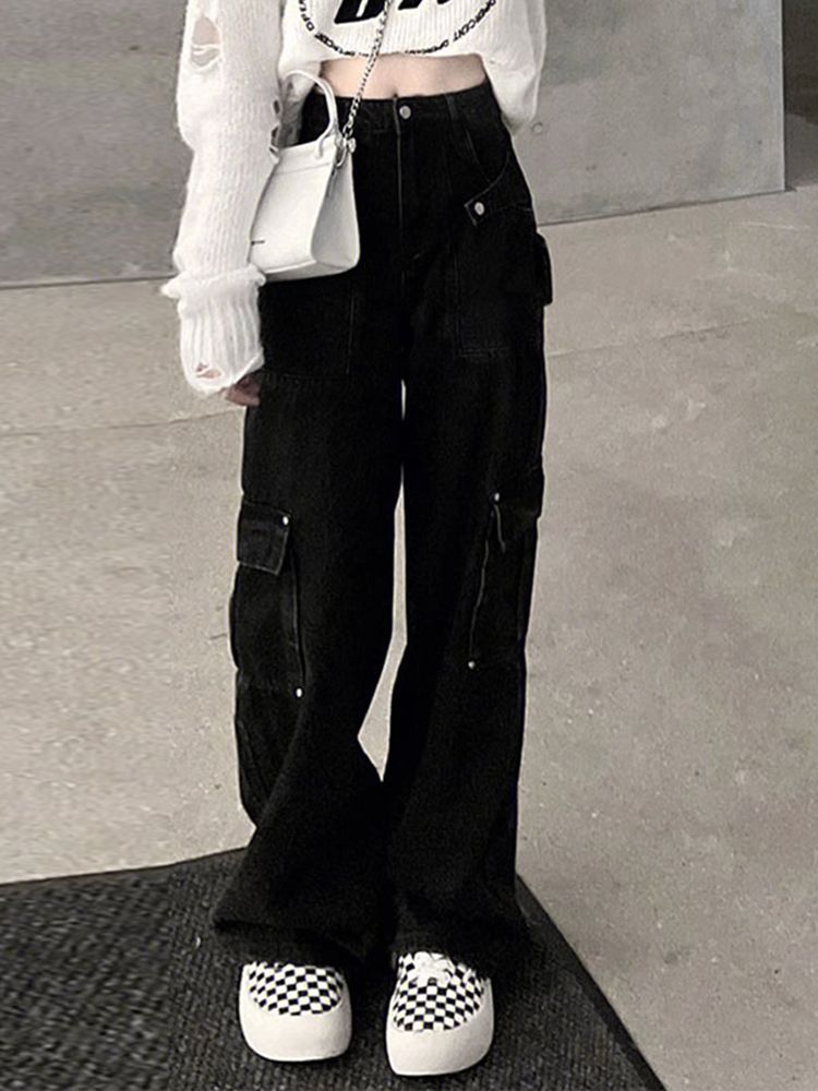 黑色工裝牛仔褲女秋季新款設計感高腰寬鬆闊腿顯瘦直筒拖地褲子潮