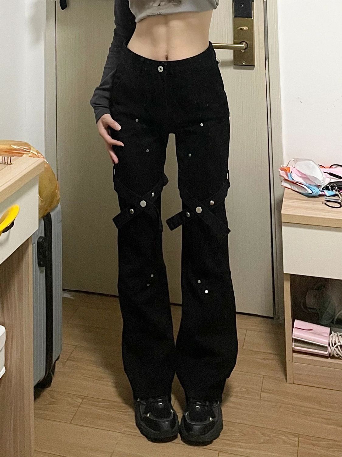 黑色綁帶牛仔褲女秋季設計感小眾辣妹高腰直筒褲微喇叭高街ins潮