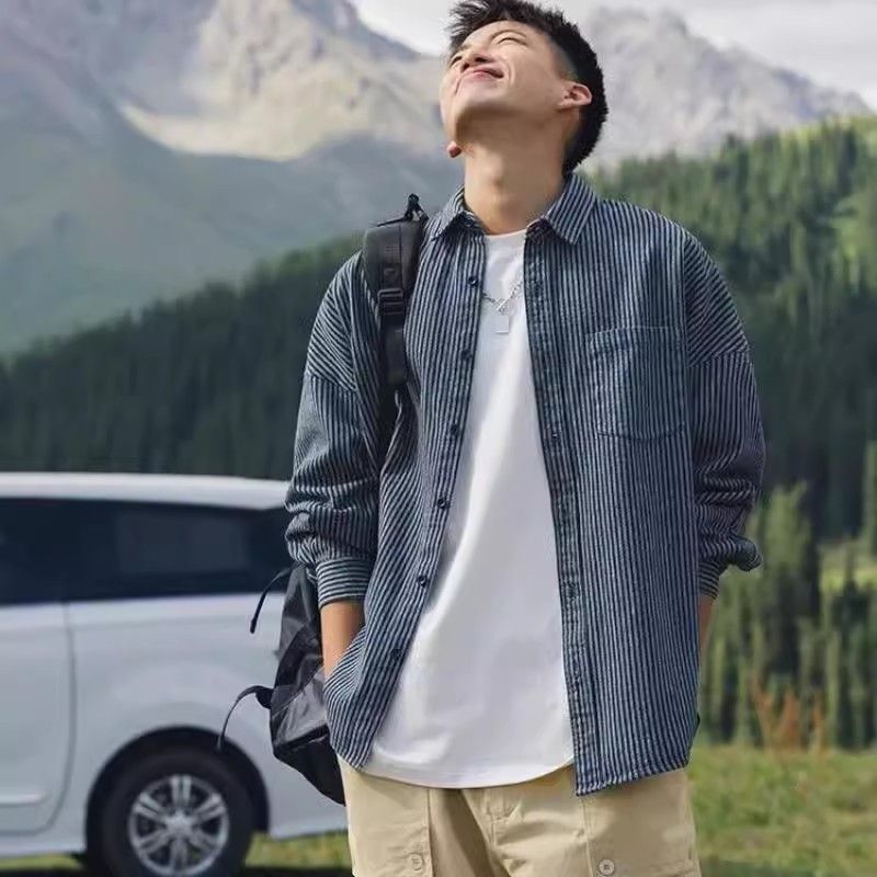 春秋裝潮牌水洗條紋牛仔長袖襯衫男日系休閒cityboy襯衣夾克外套