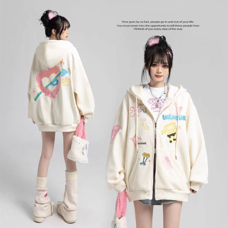 oversize連帽衛衣女秋冬季加絨加厚寬鬆慵懶風設計感小眾上衣外套