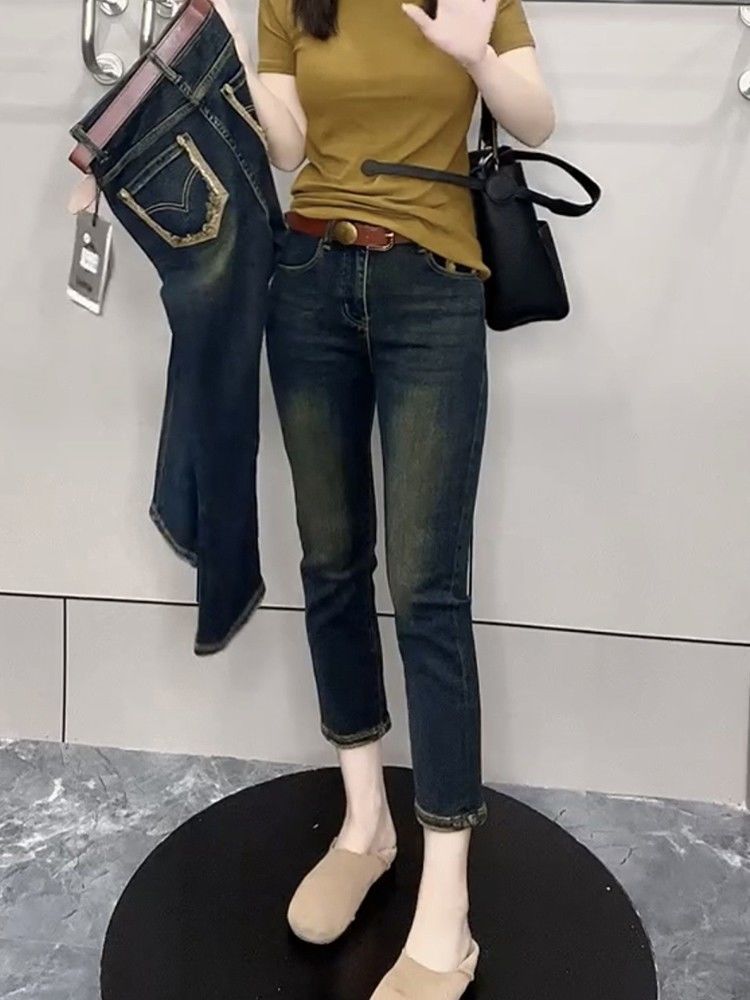 梨形身材煙管牛仔褲子女2023年秋季新款胖mm復古顯瘦直筒褲小個子